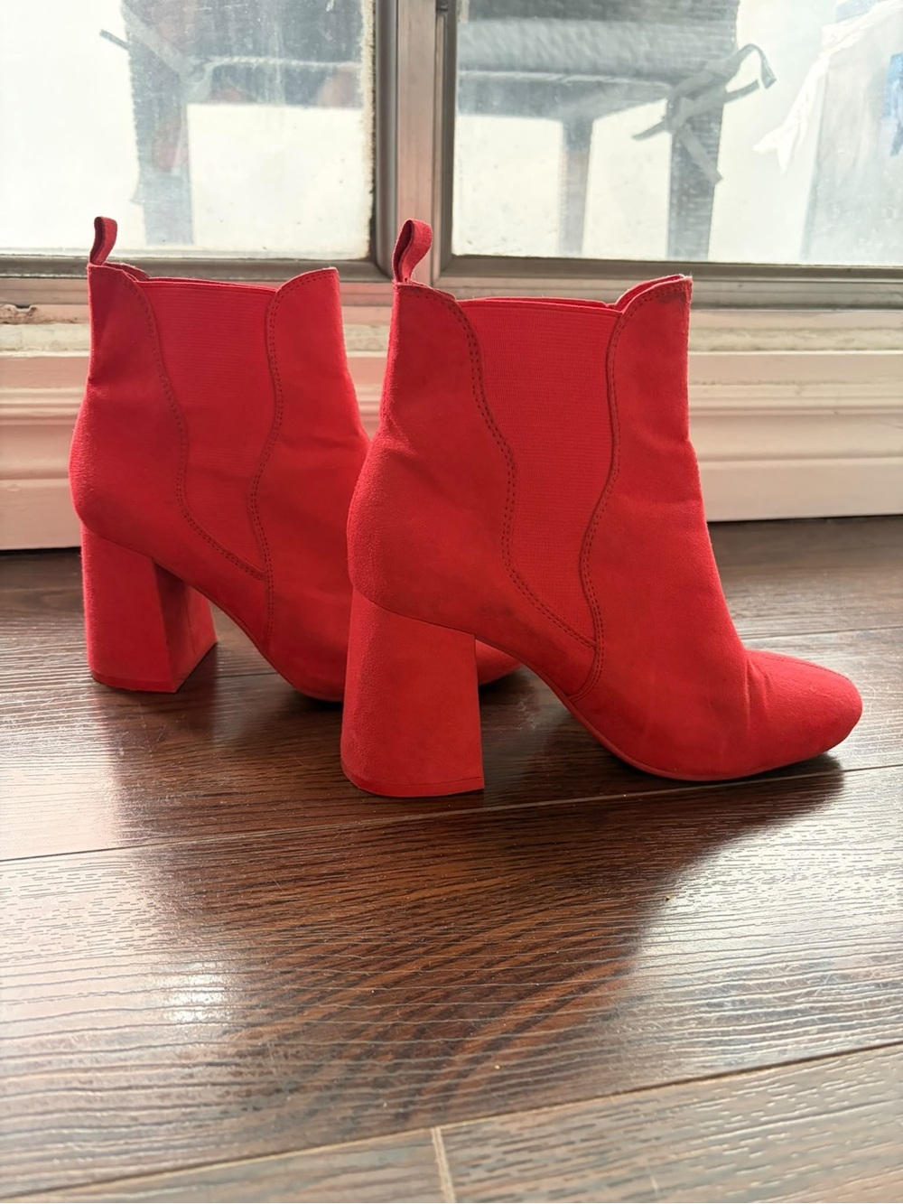 H&M Red Faux Suede Ankle Boots With Elastic Gores